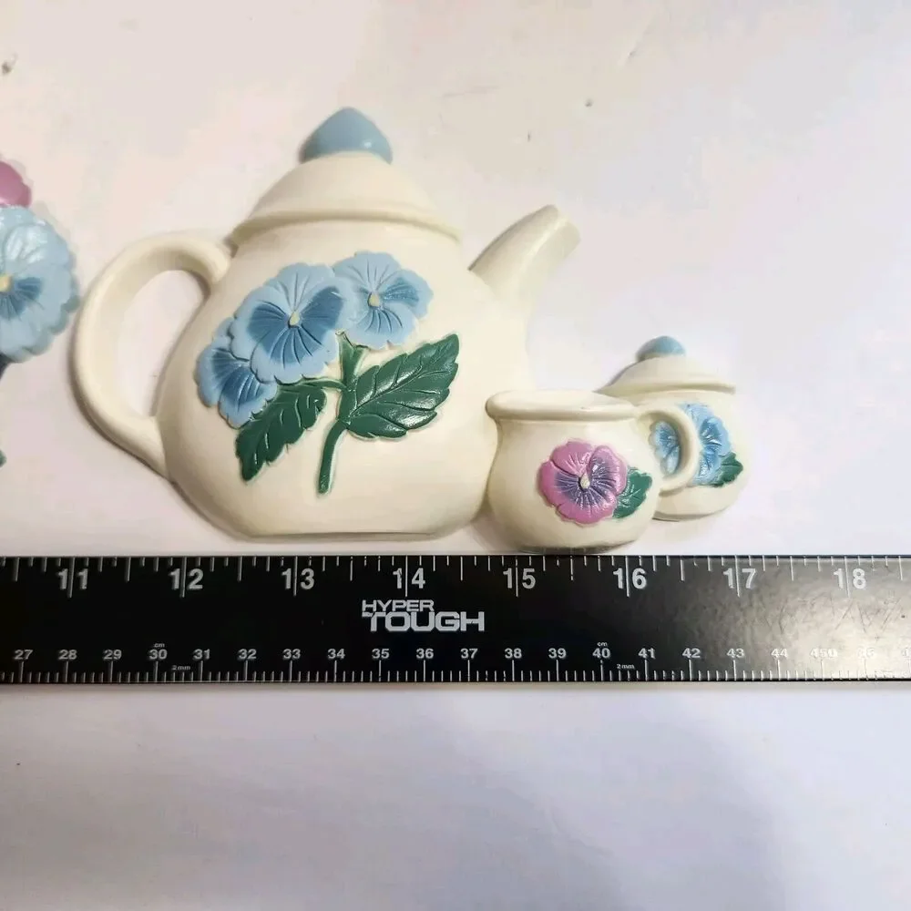 Vintage 1995 Burwood Floral Teapots & Bouquet 3 pc Wall Art Hanging Decor Set